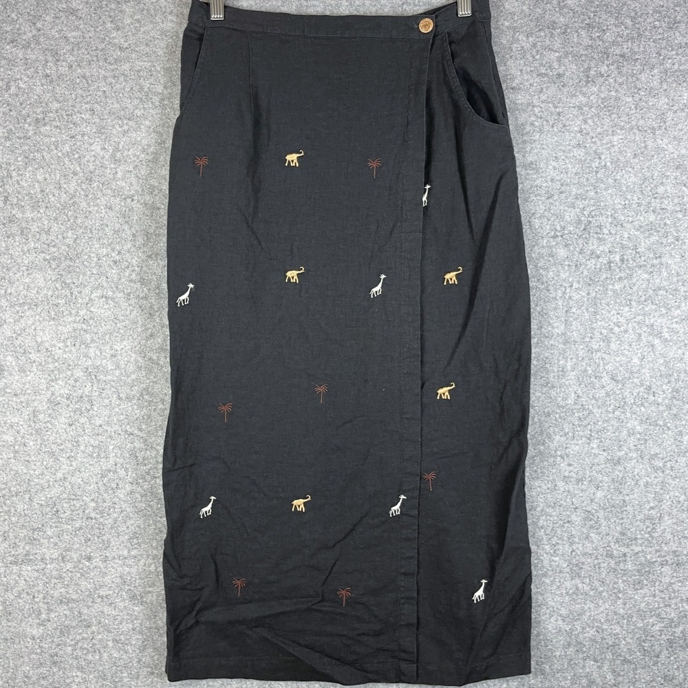 Stonebridge Maxi Skirt Womens 12 Black Linen Embroidered Palm Trees Animal Artsy